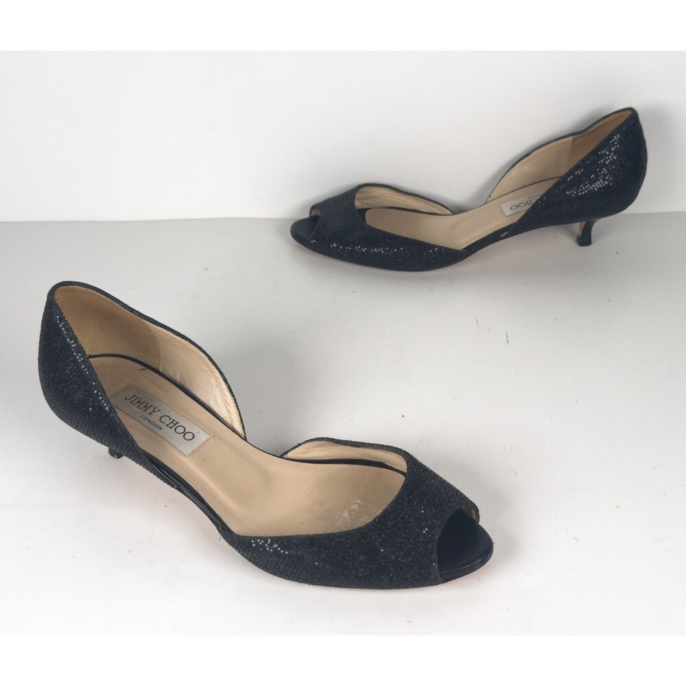 Jimmy Choo Logan 85 Peep Toe D'orsay Coarse Black Glitter Heels EU 38.5 US 8.5